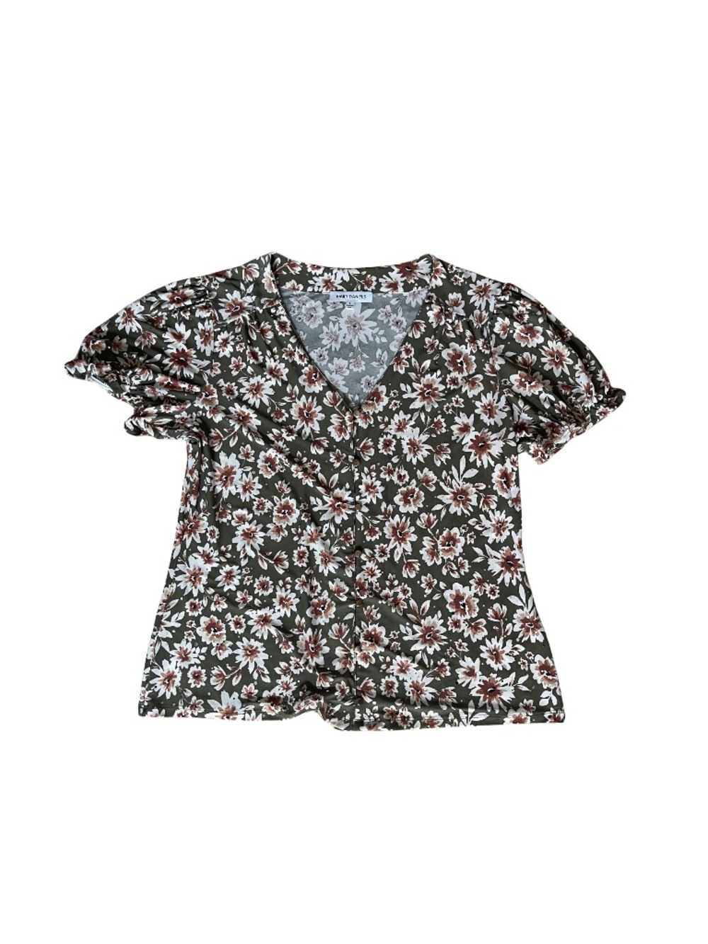 Emily Daniels Women's V-Neck Button Front Floral Print Top w/Puff Sleeves_Size L